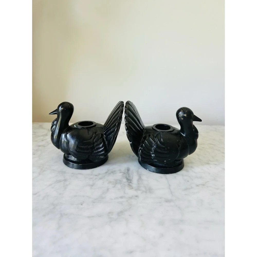 2 POTTERY BARN HEAVY BRONZE FIGURAL TURKEY TAPER CNDLE HOLDERS